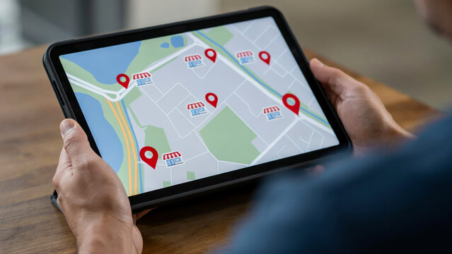 Person using tablet displaying digital map with multiple red shop pin locations on wooden table.