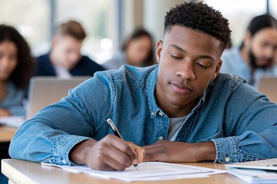 Focused young man writes exam in quiet classroom. He wears denim shirt, eyes closed in concentration. Background shows blurred peers, laptops, and desks. Image captures serious academic moment