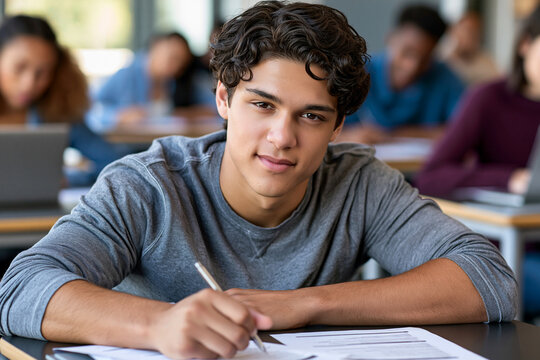 Young student focuses intently on exam paper. Curly hair frames thoughtful expression. Light gray sweater suits academic setting. Background shows classmates engaged in study
