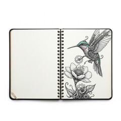 Fototapeta premium Intricate Steampunk Hummingbird and Flower Drawing on Open Sketchbook Page