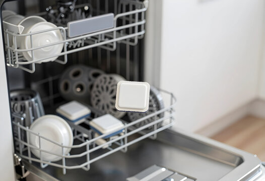 Household chores and kitchen hygiene, dishwasher detergent tablet falling into rack for cleaning dishes and maintenance of modern home appliances