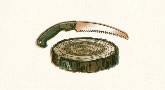 Contemporary risograph print pruning saw and wood ring on cream paper