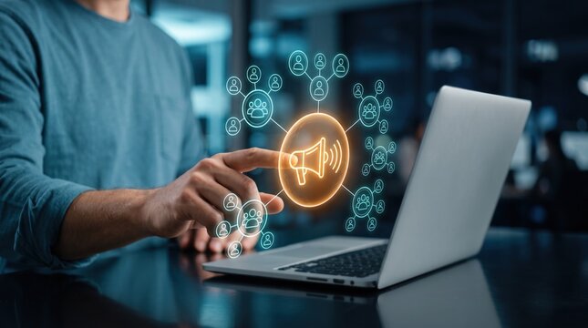 Digital marketing strategy with glowing megaphone hologram, target audience network icon on laptop screen, modern business communication technology