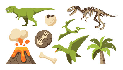 Prehistoric Dinosaur and Volcano Vector Icon Set Featuring Tyrannosaurus Rex Fossil Skeleton Pterodactyl Palm Tree and Egg Elements for Kids Graphic Designs © Motin