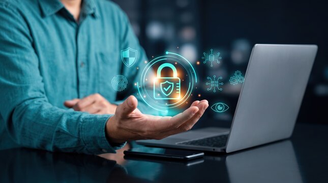 Cybersecurity data protection hologram over businessman hand, computer network security icon glowing, digital privacy technology concept