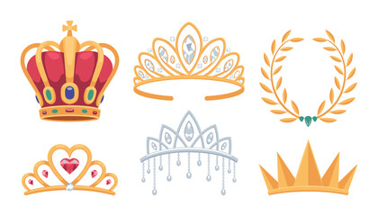 Royal Crown and Princess Tiara Vector Icon Set Featuring Golden Crowns Diadems Laurel Wreath and Jewels for Luxury Branding and Pageant Graphic Designs © Motin