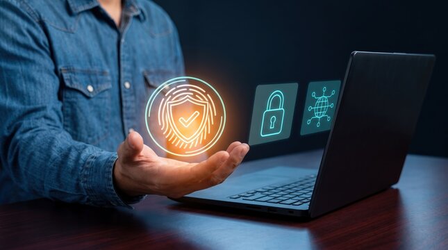 Cybersecurity data protection concept, digital security shield icon over hand with laptop, information privacy technology