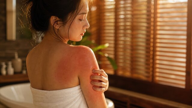 Woman with red sunburned shoulder scratching itchy skin in warm bathroom light