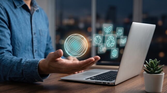 Sustainable technology concept, business person working on laptop with ESG icons and glowing globe virtual hologram, green corporate social responsibility
