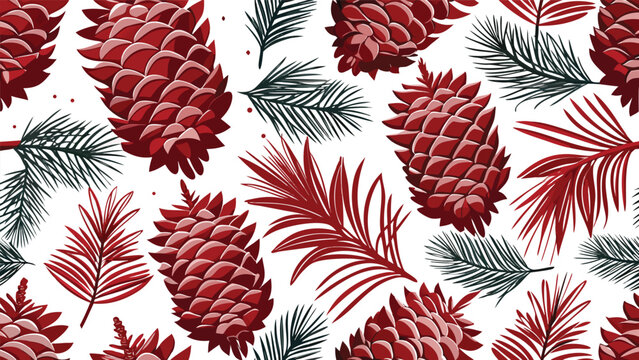 Seamless Christmas Pattern with Pine Cones and Evergreen Branches in Red and Dark Green Vector Illustration