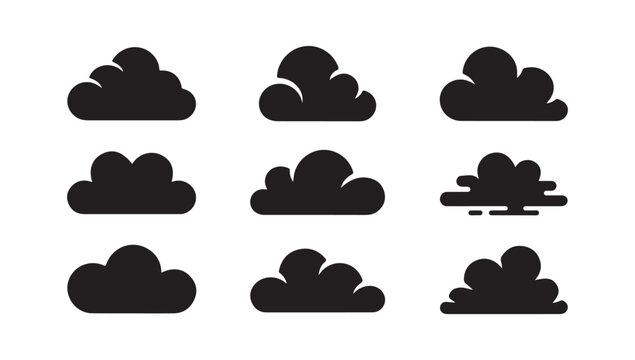Group of diverse cloud shapes and styles in black, representing different weather and atmospheric conditions for design.