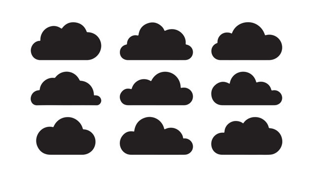 Collection of cloud icons in various styles and forms for weather representation and graphic design elements on transparent background.