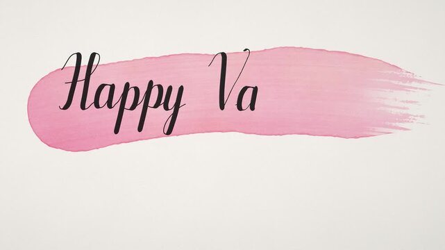 Happy Valentine's Day handwritten in black brush pen calligraphy over a pink watercolor stroke, wet ink dries, red hearts appear, seamless loop