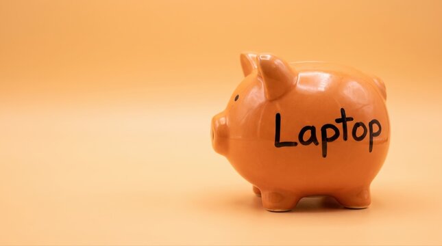 Laptop savings goal concept with an orange piggy bank labeled laptop, featuring copy space for technology budget and purchase messages