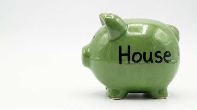 Home savings goal concept with a green piggy bank labeled house, featuring copy space for mortgage planning and property investment messages