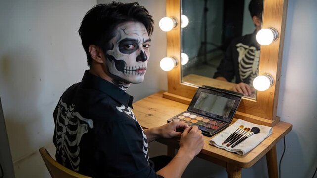 Glancing at vanity, skeleton-shirted man touching up skull makeup using palette, preparing to act