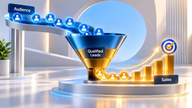 Sales funnel conversion process from audience to qualified leads with growth arrow and target goal