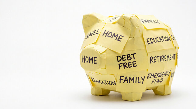 Life goals and financial independence concept with a piggy bank covered in home and retirement notes, featuring copy space for planning messages