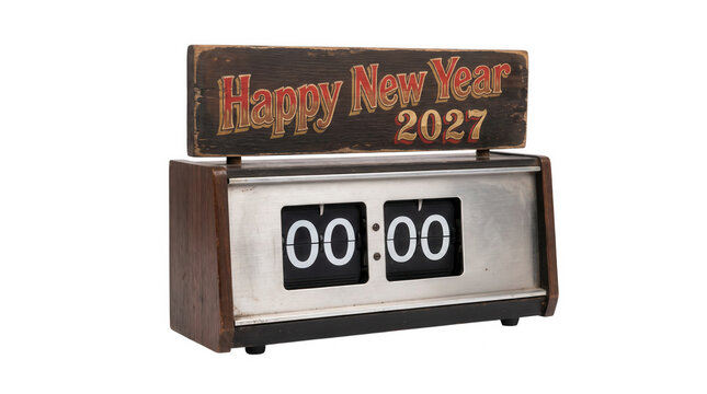 Vintage flip clock with Happy New Year 2027 sign isolated on transparent background