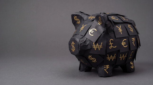 International investment and currency savings concept with a black piggy bank, featuring copy space for global finance and wealth messages