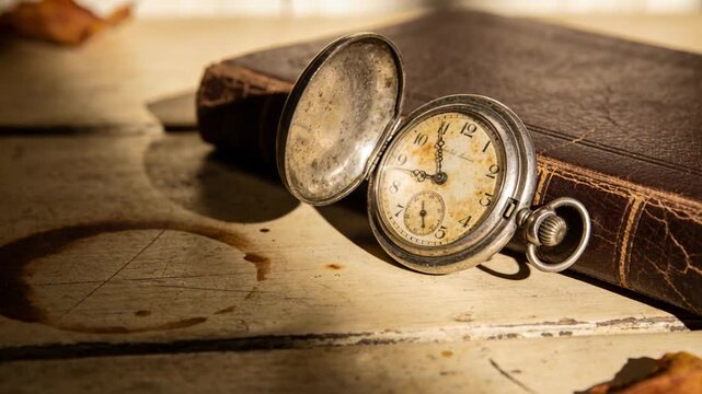 Moving camera pulling closer as sunlight shifts on wood table, revealing patina on watch and book