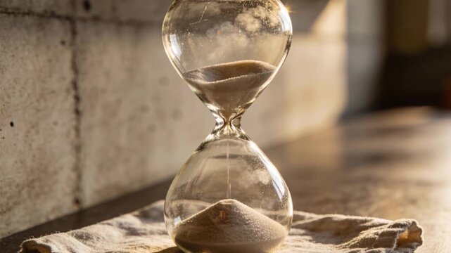 Gravity causing clear glass hourglass releasing fine sand through neck on wood table at home, cloth