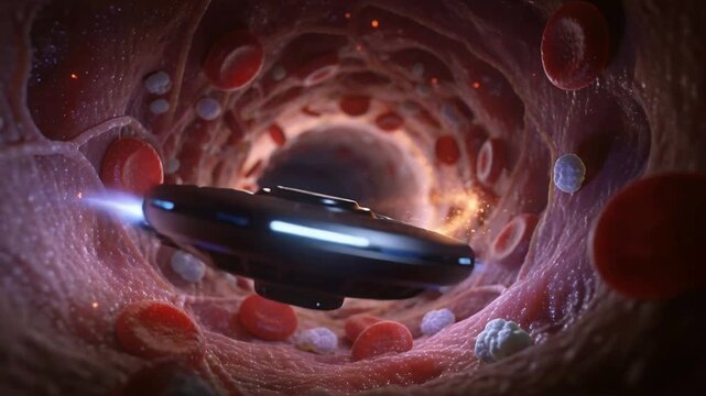 Entering right disc craft moving through lumen emitting thrust and passing red and white cells