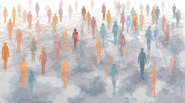 Pastel figures interconnected by strings symbolizing community networking social connection diversity collaboration inclusion unity communication and shared relationships in a modern abstract concept