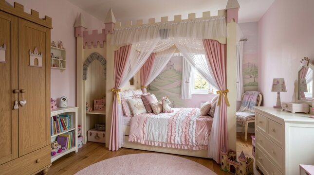 A charming childrens bedroom designed in a princess castle theme with a four poster bed and pink decor