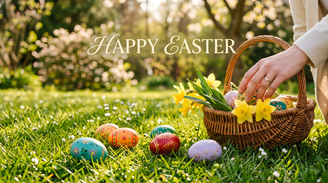 Colorful easter eggs in green grass with a basket and a hand reaching in