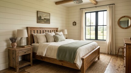 Fototapeta premium A cozy bedroom features a wooden bed with neutral bedding and a green throw blanket in a rustic farmhouse