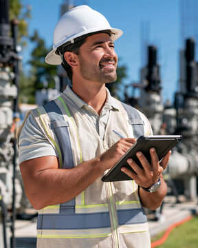 Engineer smiles while checking data on tablet. He wears safety gear and hard hat. Industrial pipes and tanks stand behind him. Sunlight brightens the outdoor setting. He looks focused, confident