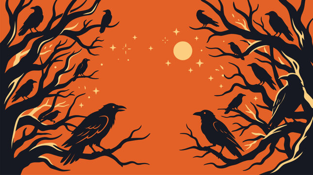 Spooky halloween background vector illustration featuring silhouetted black crows perched on bare tree branches under a full moon night sky