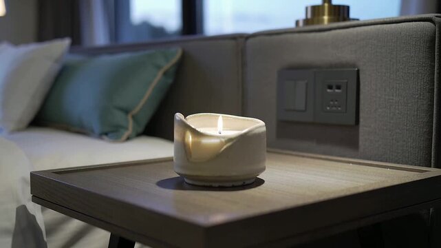 Lowering right hand wearing smartwatch into frame placing lit ceramic candle on wood table at home