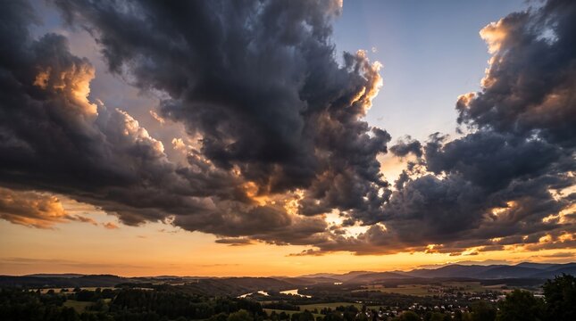A dramatic sunset panorama over a rolling countryside valley.