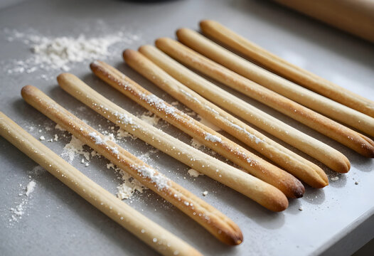 Homemade breadsticks baking, artisanal food preparation and culinary craft with flour on kitchen counter for healthy snack or appetizer catering service