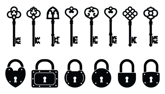 Vintage Skeleton Keys and Antique Padlocks Vector Icon Set Featuring Classic Heart Shaped Locks for Secure Website Security and Graphic Design Elements