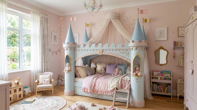 Childs bedroom with a charming castle themed bed adorned with pastel colors and whimsical decorations