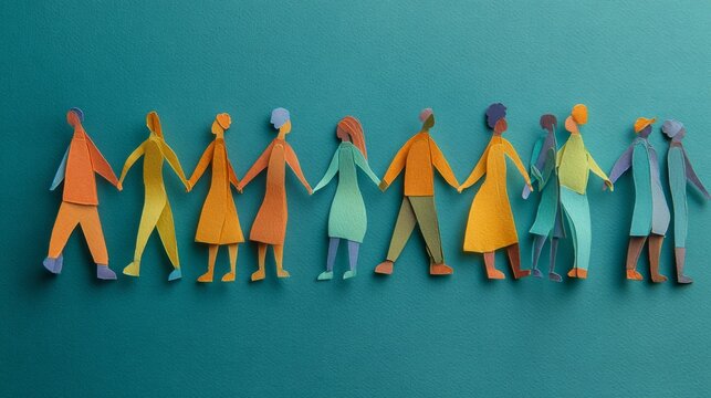 Colorful paper cutout people holding hands in a line on teal background representing diversity, inclusion, unity, equality, community, connection, belonging, and social harmony