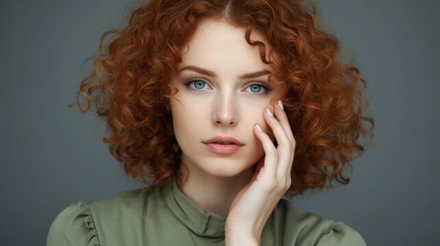 Mujer joven de cabello cobrizo rizado, piel de porcelana, ojos grises, maquillaje ligero y expresi&oacute;n pensativa