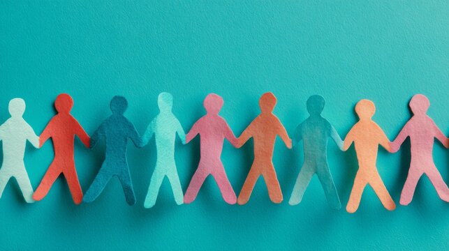 Colorful paper cutout people holding hands in a line on teal background representing diversity, inclusion, unity, equality, community, connection, belonging, and social harmony