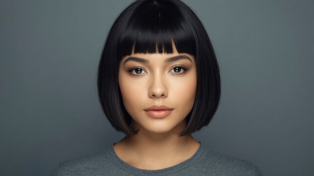 Mujer joven con corte Bob negro y corto, piel dorada, ojos marr&oacute;n oscuro y maquillaje de acabado natural