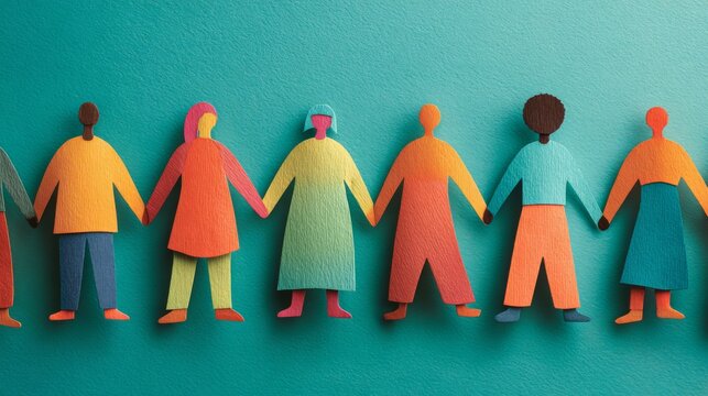 Colorful paper cutout people holding hands in a line on teal background representing diversity, inclusion, unity, equality, community, connection, belonging, and social harmony