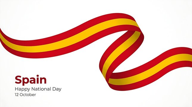A waving Spanish flag ribbon graphic celebrating Spain National Day 12 October on plain white background.