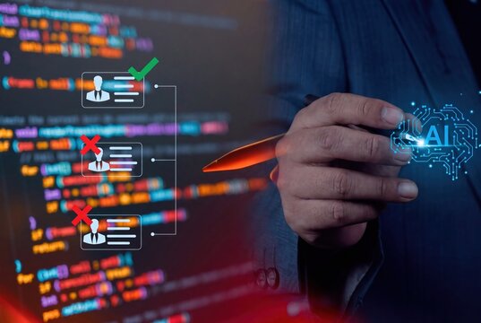 Artificial intelligence software coding, developer writing code with AI, machine learning and programming concept
