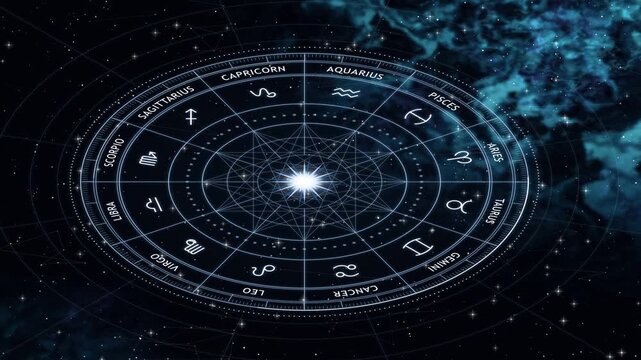 Blue zodiac wheel astrology chart with twelve star signs