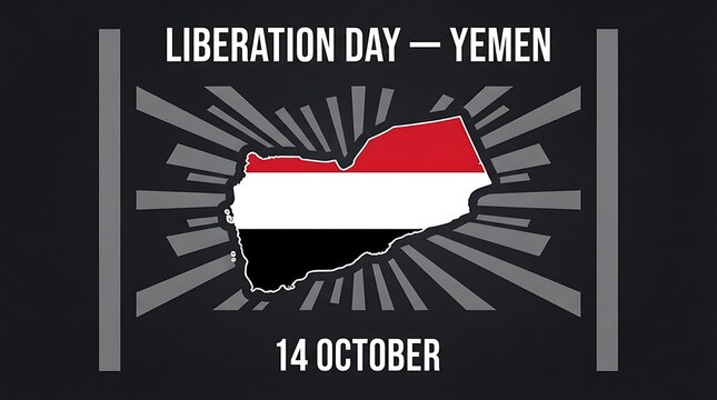Yemen national flag map silhouette banner for 14 October Liberation Day on dark textured backdrop.