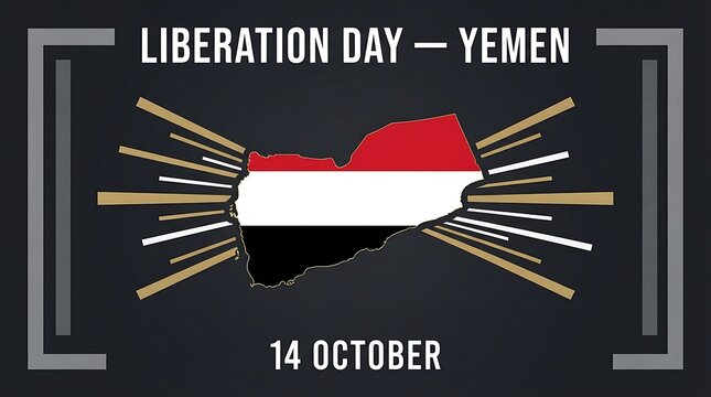 A Yemen map outline textured with tricolor flag celebrating Liberation Day on a dark background.