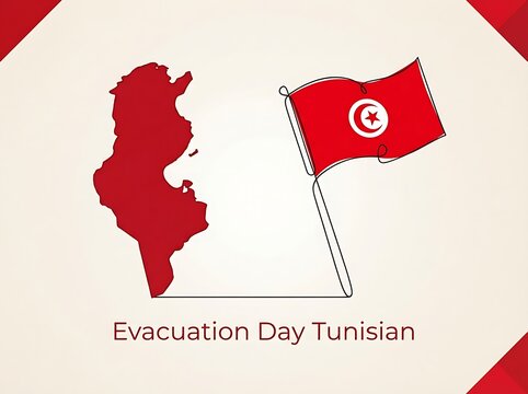 Red Tunisia map silhouette and waving flag illustration marking Tunisian Evacuation Day on plain background.