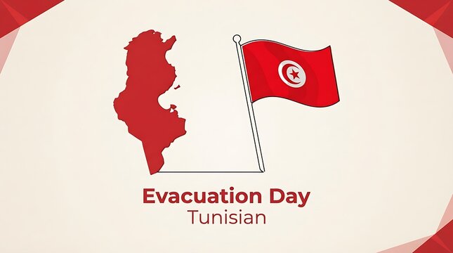 Minimalist Tunisia map graphic and waving flag banner for Tunisian Evacuation Day on clean white background.